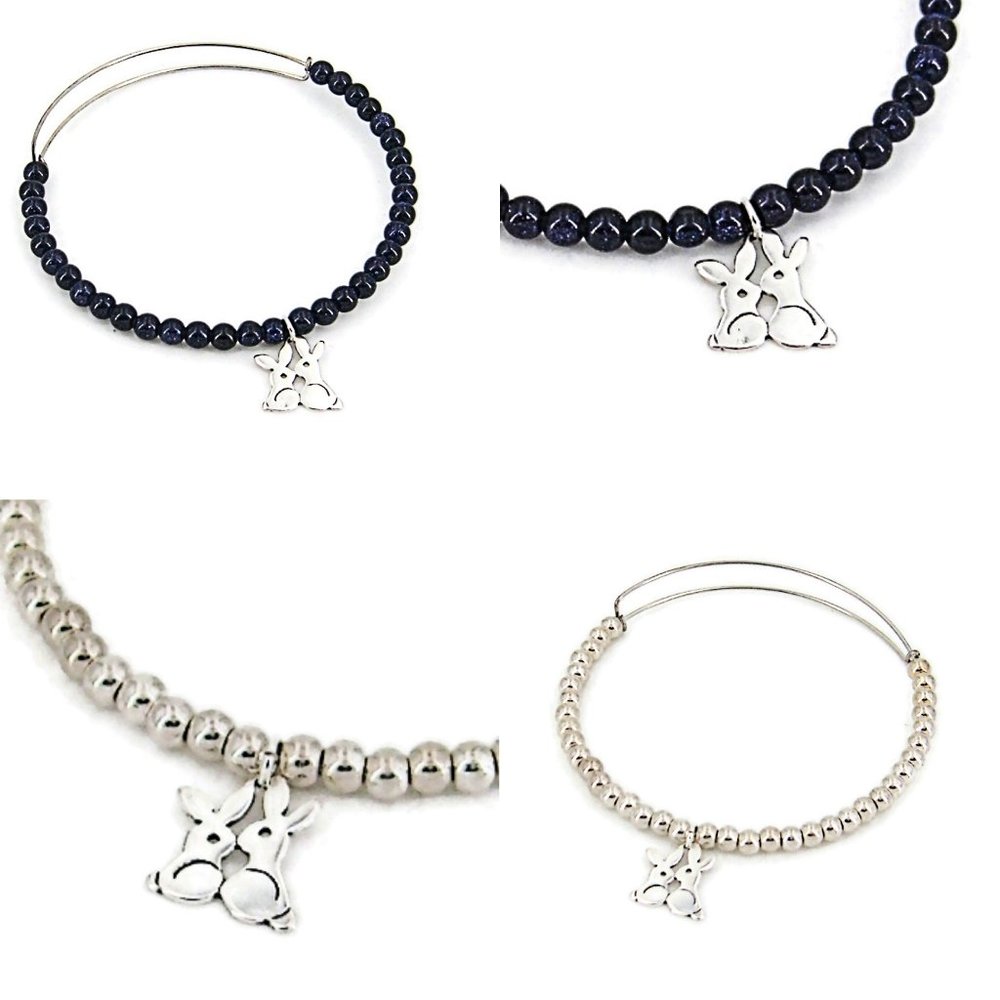 2 Bunnies Charm Bracelet Bangle Wire with Beads Silver Bunny Rabbits 598-1997